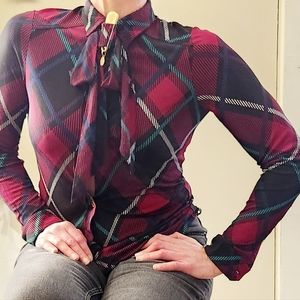 Gucci Stretch Plaid Button Down W/ Bow & Gold Logo Buttons & Safety Pin.…